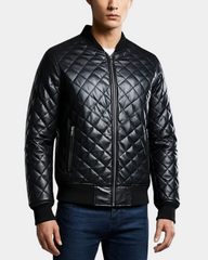 Men's Leather Quilted Bomber Jacket Warren Nova Black