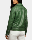Women’s Leather Biker Jacket with Quilt Detail – Aurora Green – product view 2