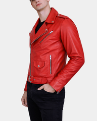 Men's Leather Biker Jacket Brando Style Johnny Ignite Red