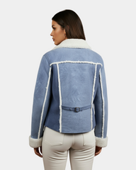 Women’s Real Sheepskin Trucker Jacket Kylie Denim Radiant Blue