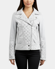 Women's Leather Biker Jacket with Quilt Detail Vintage Astral White