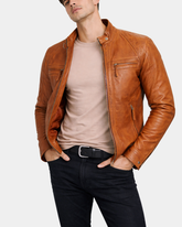 Mens Biker Leather Jacket Standing Collar Cognac Tan