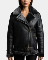 Women’s Sheepskin Aviator Cross-Zip Pilot Jacket Nova Black