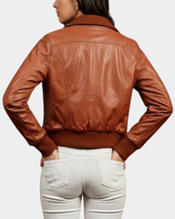Women’s Leather Varsity Quilted Bomber Jacket in Dynamo Tan