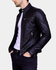 Mens Leather Cafe Racer Biker Jacket Charlie Black