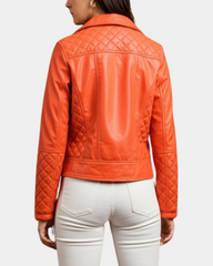 Women's Leather Biker Jacket with Quilt Detail Blissful Orange