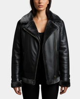 Women’s Sheepskin Aviator Cross-Zip Pilot Jacket Nova Black