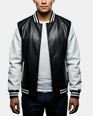 Men's Leather College Boy Varsity Jacket Garry Black Astral White
