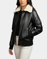 Women’s Nova Black Leather Bomber Jacket with Removable Collar
