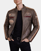 Men’s Biker Leather Jacket with Badges Zenith Brown Cafe Raser Jacket