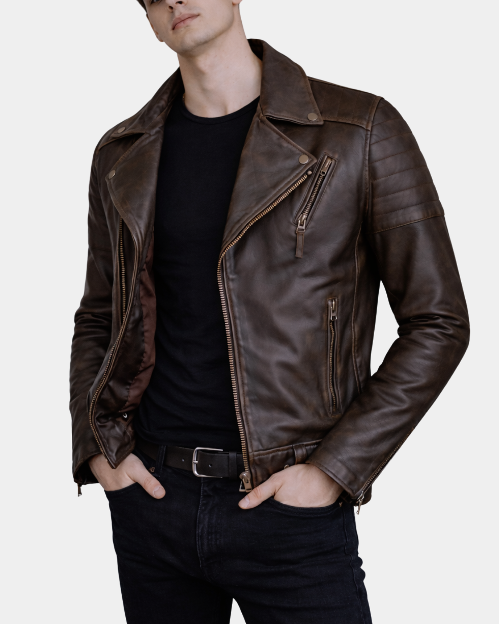 Men's Biker Leather Jacket with Dual Zip Hook Zenith Brown – Lux