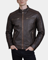Men's Classic Leather Biker Style Zip Jacket Ethan Zenith Brown