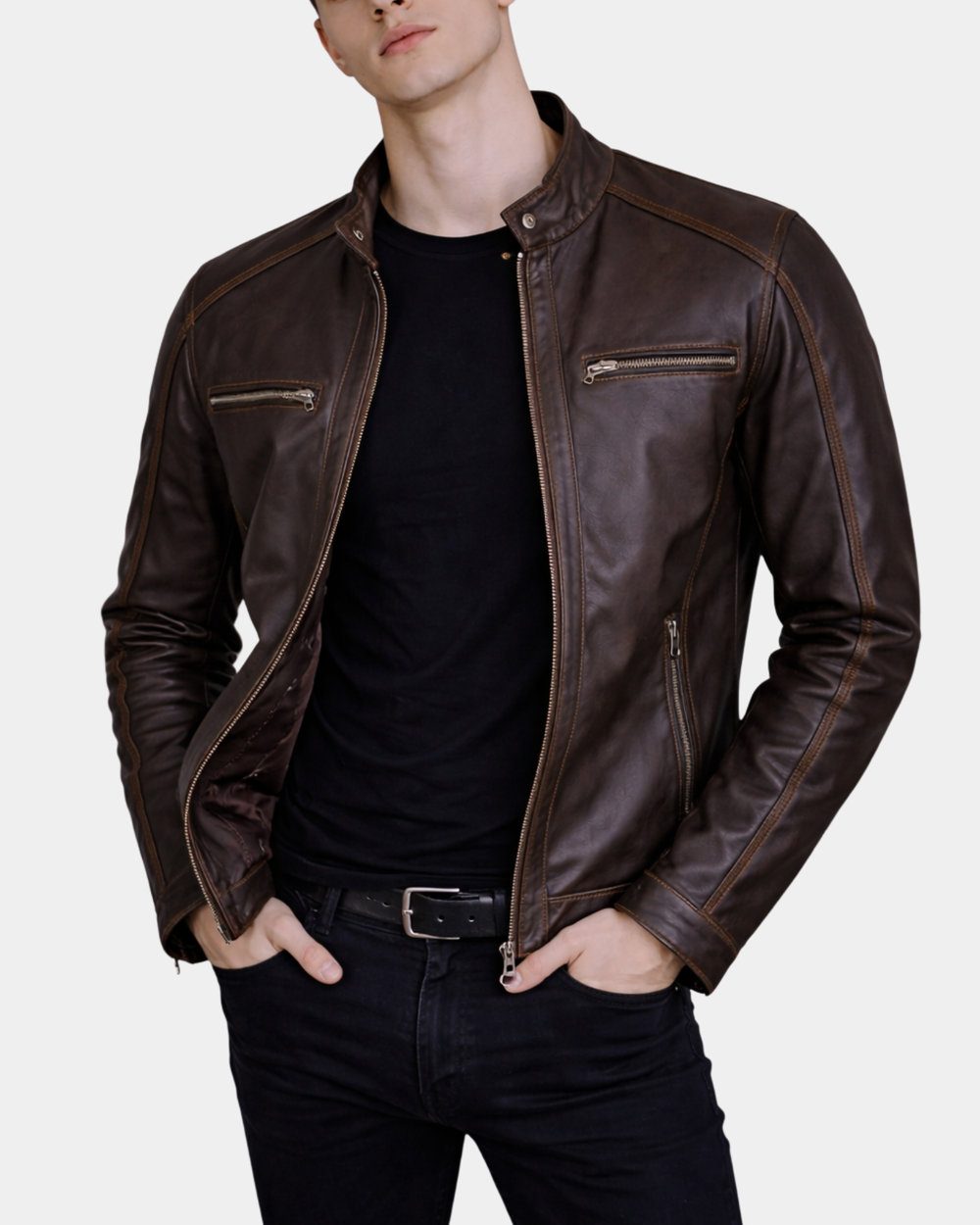 Men's Classic Leather Biker Style Zip Jacket Ethan Zenith Brown