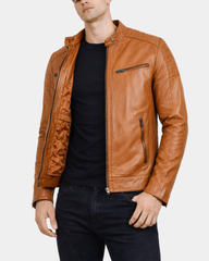 Mens Leather Cafe Racer Biker Jacket Dynamo Tan