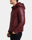 Men’s Leather Hooded Puffer Jacket – Infinite Burgundy – product view 3