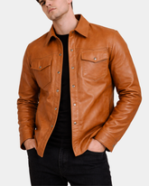 Men's Leather Shirt Classic Trucker Style Oliver Dynamo Tan
