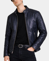 Men's Real Leather Biker Jacket Archie Luna Navy Blue