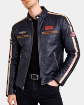 Men's Real Leather Biker Jacket Cafe Racer Style Badges TRON Luna Navy