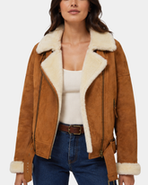 Women's Sheepskin Aviator Pilot Jacket Dynamo Tan White - front view open