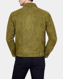 Men's Real Suede Trucker Harrington Jacket Daryl Aurora Green - back model view