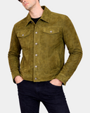 Men's Real Suede Trucker Harrington Jacket Daryl Aurora Green - front closed model view