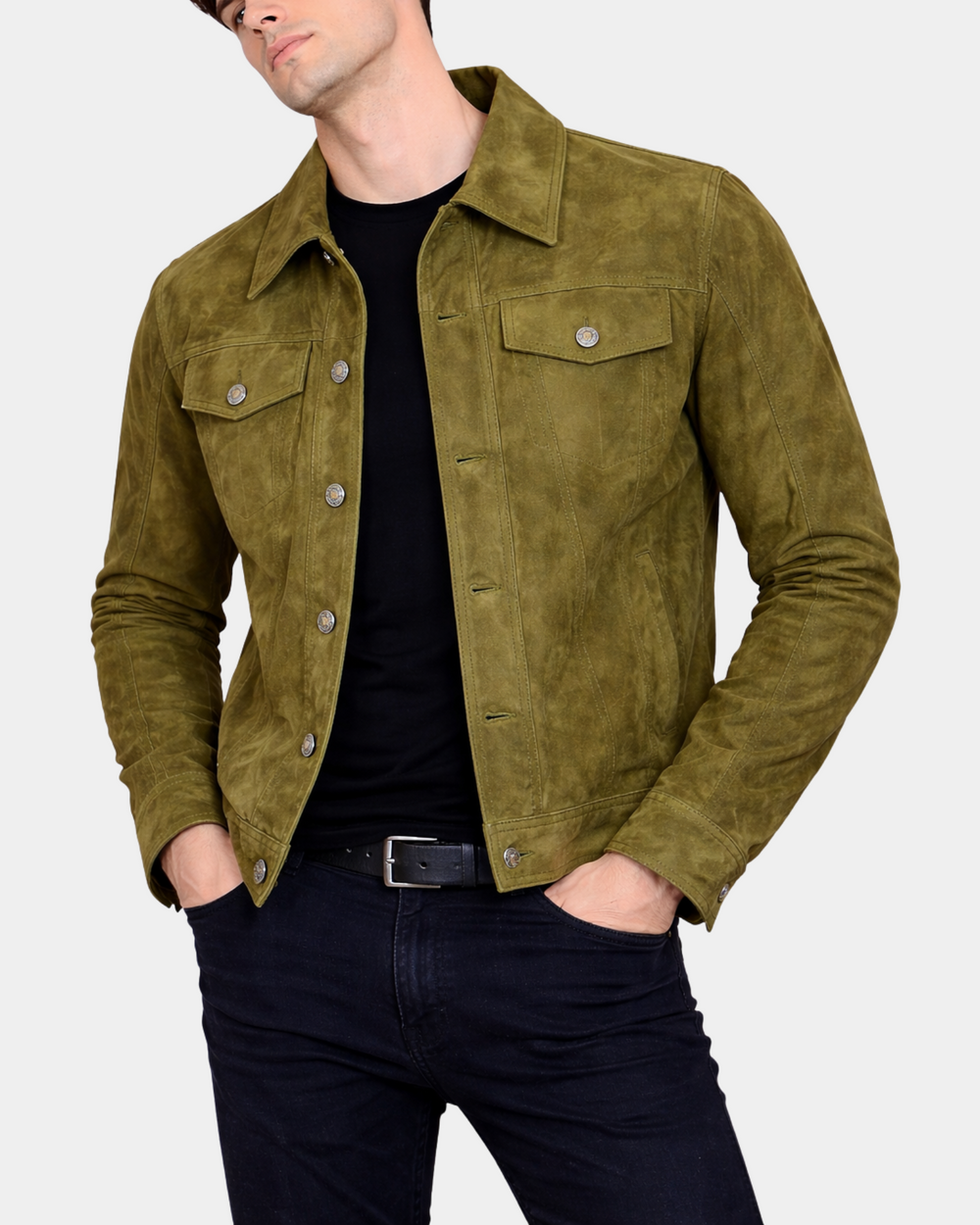 Men's Real Suede Trucker Harrington Jacket Daryl Aurora Green - front open model view