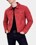 Men's Real Suede Trucker Harrington Jacket Daryl Infinite Burgundy - front open model view