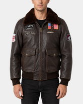 Men's Real Leather G-1 Bomber Jacket Airforce Badges FINCH Zenith Brown front closed view