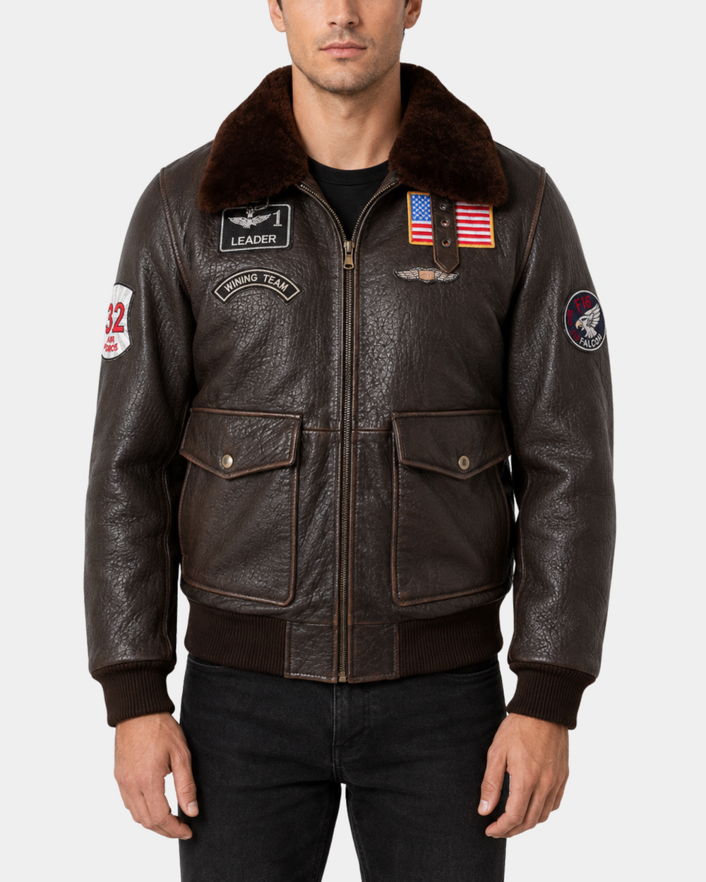 Men's Real Leather G-1 Bomber Jacket Airforce Badges FINCH Zenith Brown front closed view