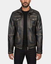 Men's Hugo Paradox Rub Off brown leather biker jacket open front view