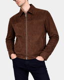 Men's Larry Zenith Brown real suede Harrington jacket closed-front view