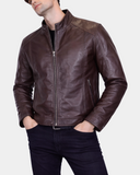 Men's Soft Leather Casual Plain Zip Jacket Matt Zenith Brown – closed front view