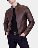 Men's Soft Leather Casual Plain Zip Jacket Matt Zenith Brown – open front view