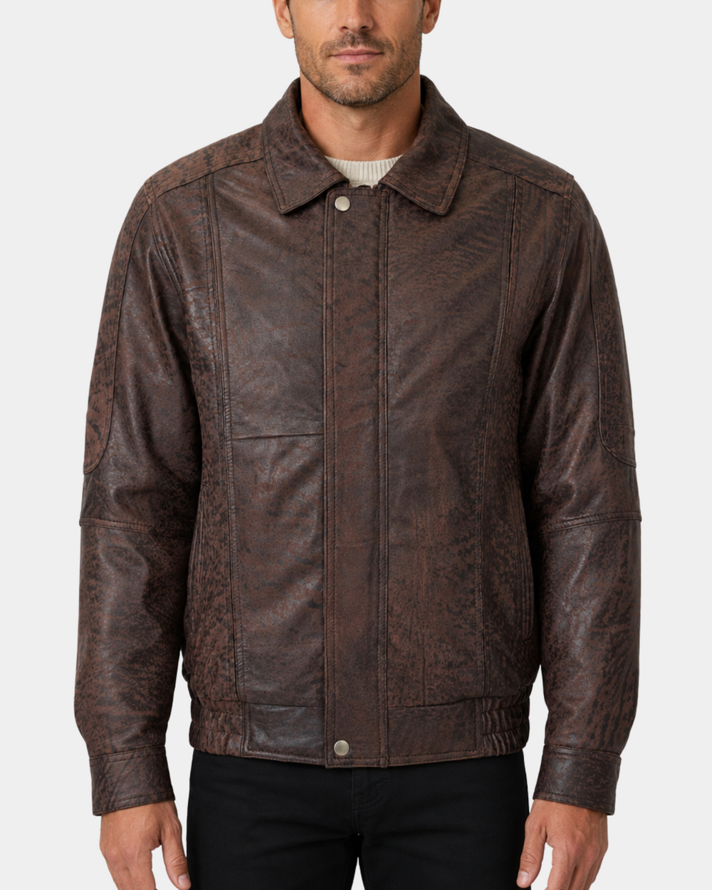 Men's Bomber Leather Jacket Classic Style Jim Brown Nubuck front view with closed zipper