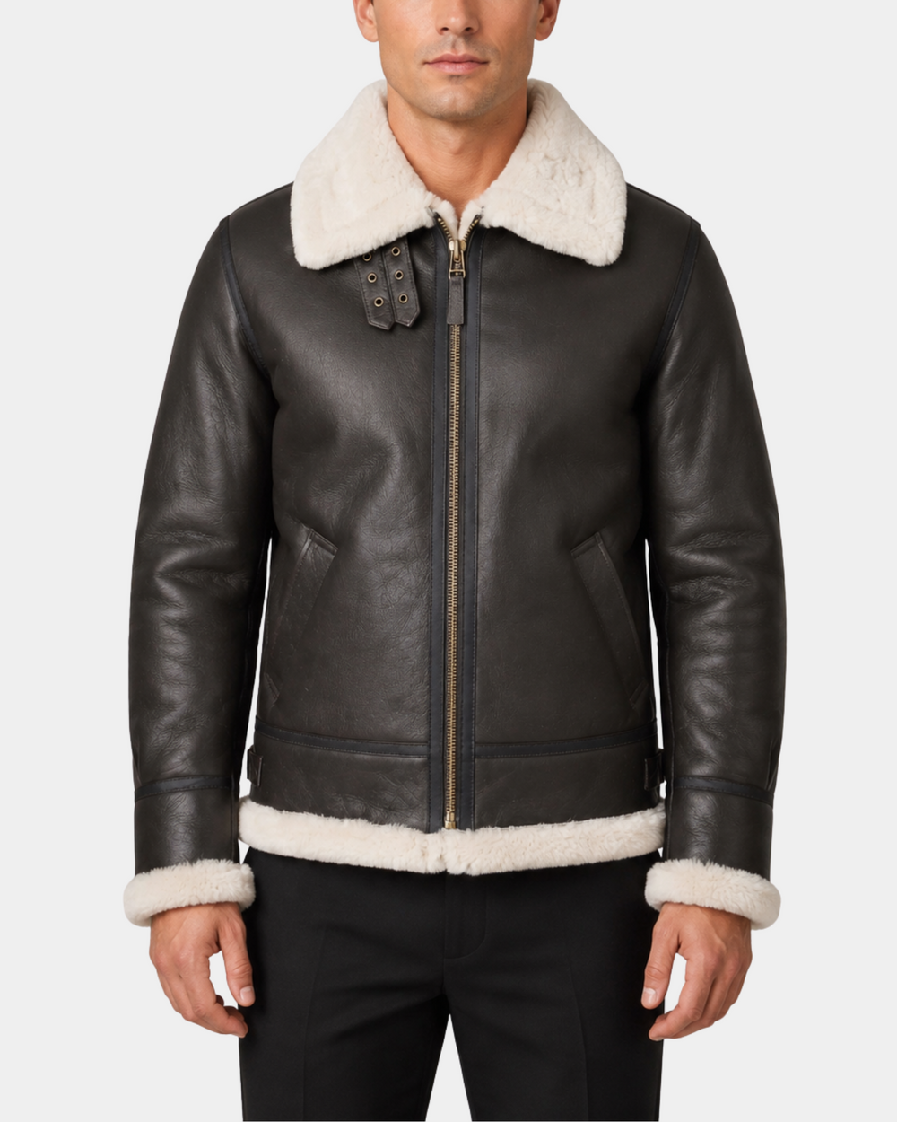 Men's Classic B3 Original Sheepskin Jacket Zenith Brown White front view with closed zipper