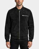 Men's Suede Bomber Varsity Jacket Reg Nova Black front closed