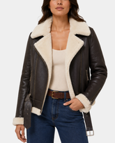 Women's Sheepskin Aviator RAF Pilot Jacket Zenith Brown White - front view close up