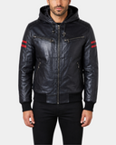 RAMMY Nova Black hooded leather bomber jacket closed front