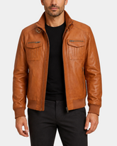 Men's Leather Bomber Flight Jacket Tom Dynamo Tan front open
