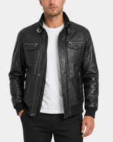 Men's Leather Bomber Flight Jacket Tom Nova Black front open