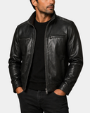 Men's Standing Collar Leather Jacket Tony Nova Black open front view