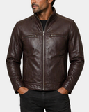 Men's Standing Collar Leather Jacket Tony Zenith Brown open front view