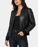 Women's Real Leather Varsity Bomber Jacket Nova Black - front view open
