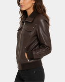 Women's Leather Classic Bomber Jacket Motto Espresso Brown - side view