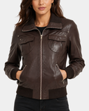Women's Leather Classic Bomber Jacket Motto Espresso Brown - front view