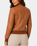 Women's Leather Varsity Quilted Bomber Jacket Dynamo Tan - back view