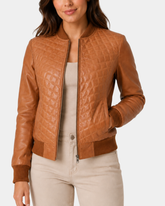 Women's Leather Varsity Quilted Bomber Jacket Dynamo Tan - front view