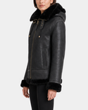 Women's Sheepskin B3 Detachable Hoodie Jacket Nova Black side model view