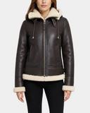 Women's Zenith Brown and white sheepskin B3 detachable hood jacket closed front view