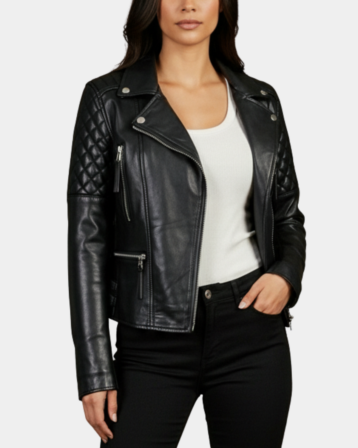 Women's Cross Zip Biker Leather Jacket Claudia Nova Black